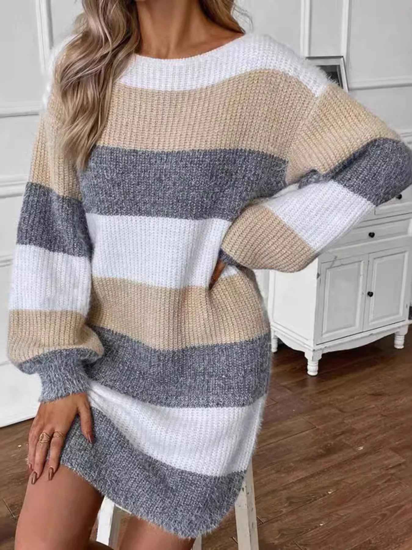 Color Block Long Sleeve Sweater Dress Multicolor / M