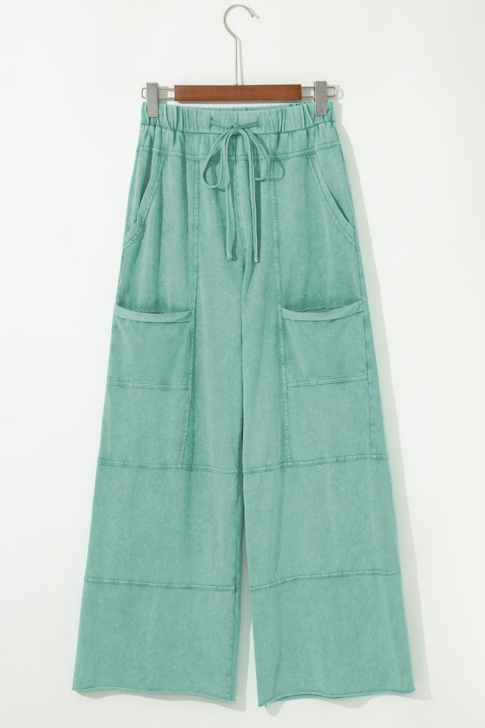 Mint Green Mineral Wash Exposed Seam Drawstring High Waist Wide Leg Cargo Pants