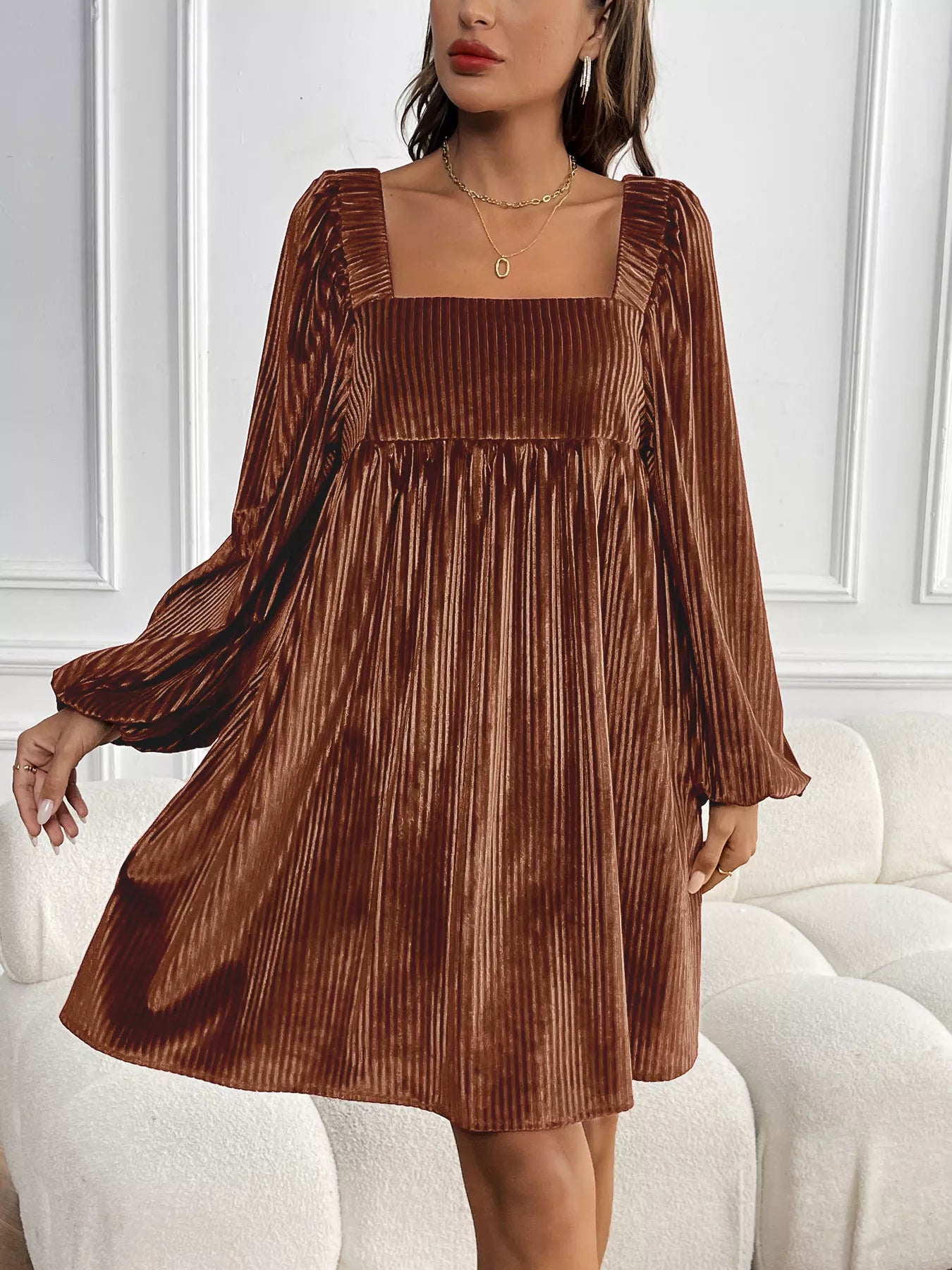 long sleeve square neck velvet dress Velvet Square Neck Long Sleeve Dress Brown / S