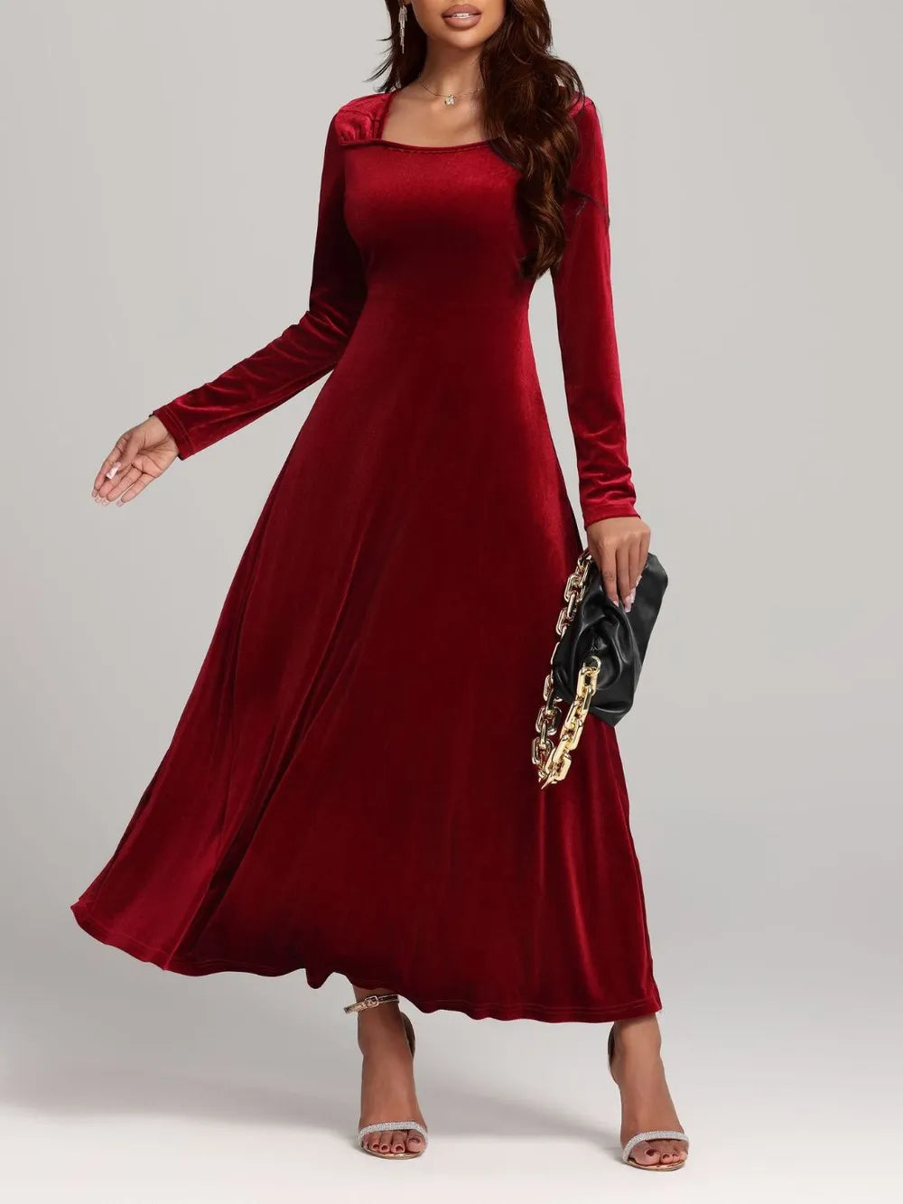 velvet feather long sleeve dress Wholesale MOQ6 Square Neck Long Sleeve Velvet Dress