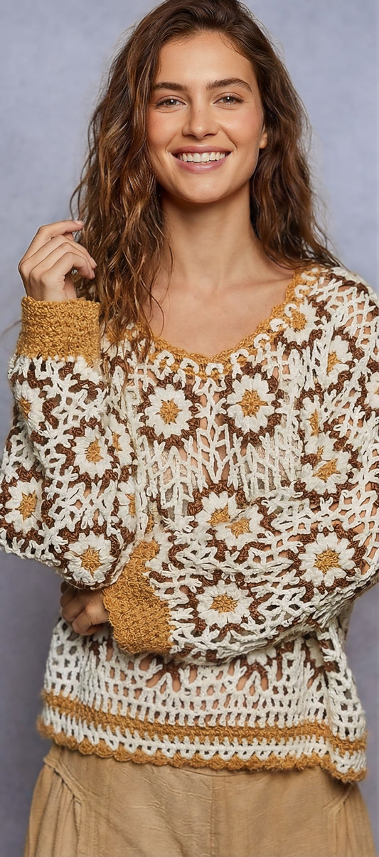 POL Boho Granny Floral Pattern Balloon Sleeve Sweater