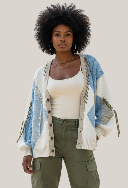 Boho Chenille Patchwork Balloon Sleeve Cardigan (POL)