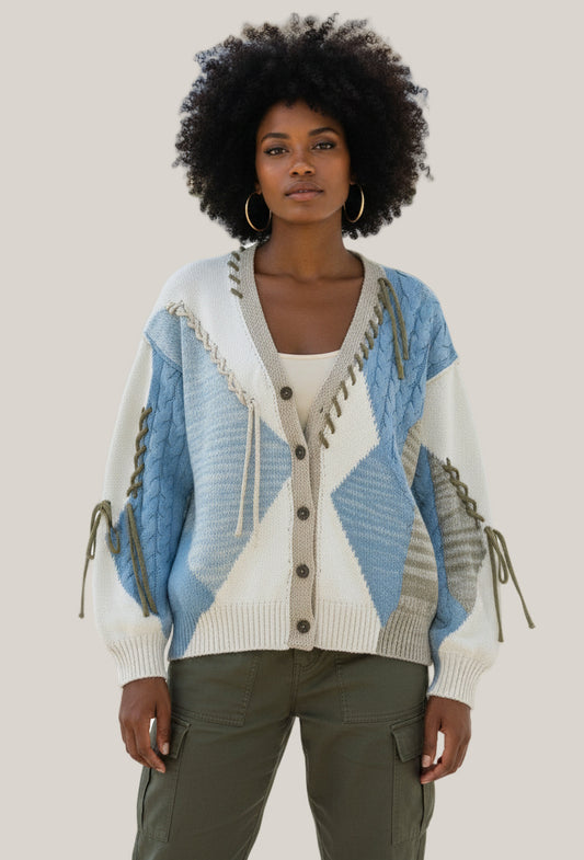 Boho Chenille Patchwork Balloon Sleeve Cardigan (POL)