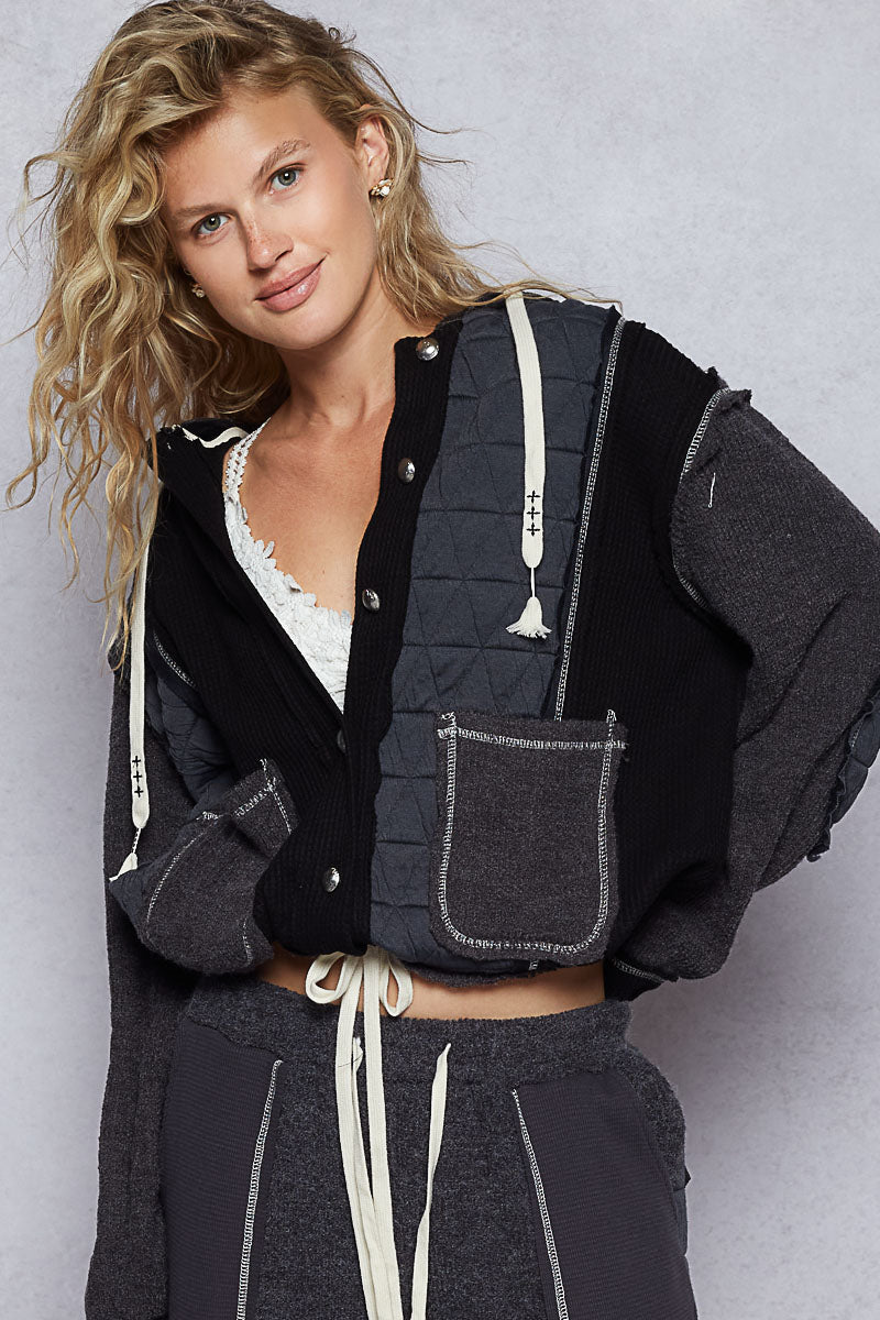 POL Boho Cozy Contrast Quilted Hoodie Jacket