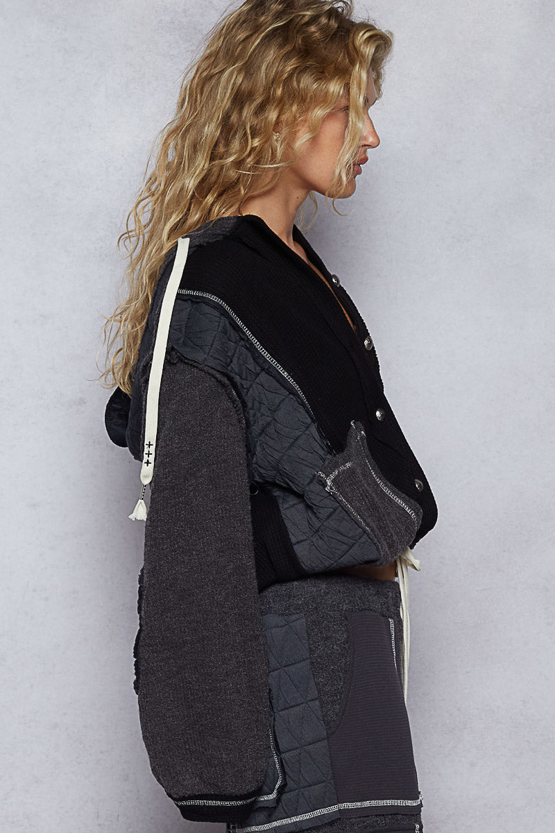 POL Boho Cozy Contrast Quilted Hoodie Jacket