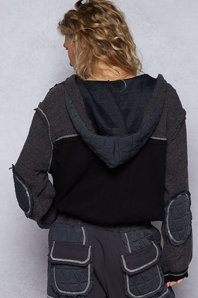 POL Boho Cozy Contrast Quilted Hoodie Jacket