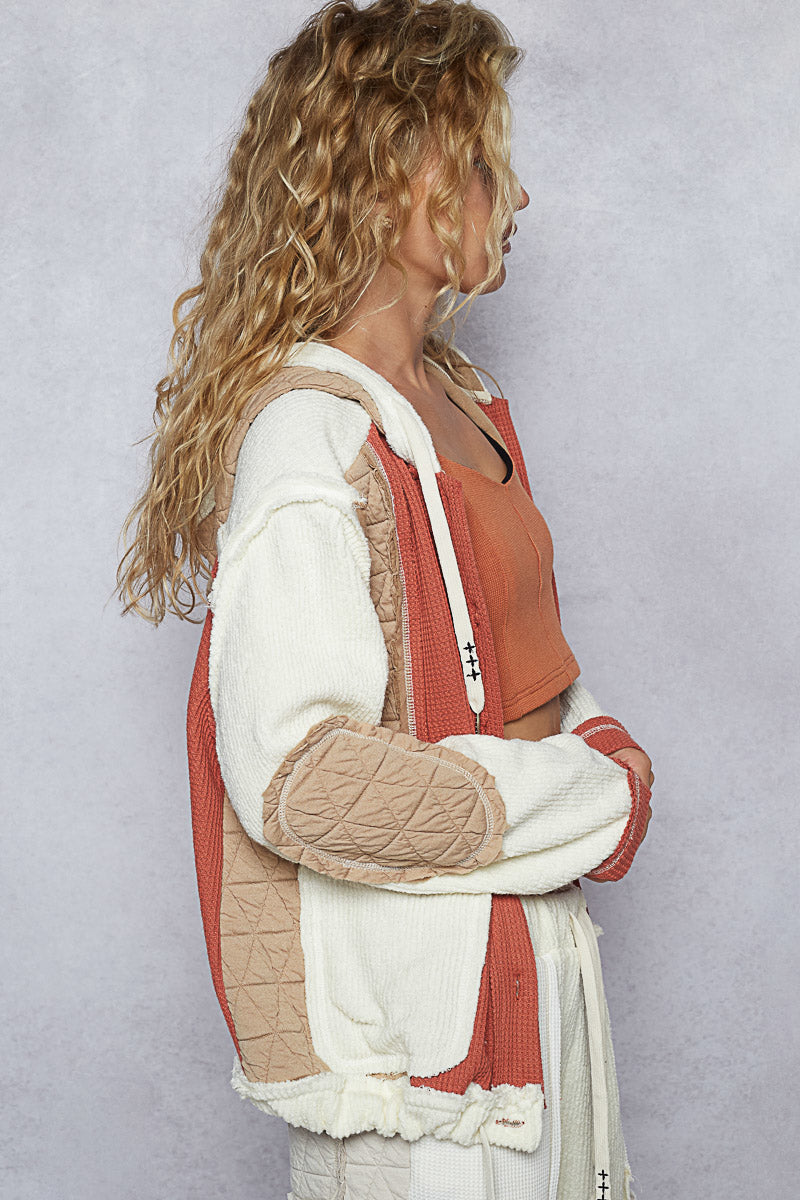 POL Boho Cozy Contrast Quilted Hoodie Jacket