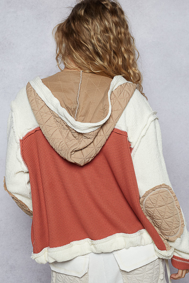 POL Boho Cozy Contrast Quilted Hoodie Jacket