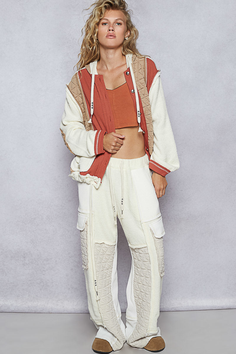 POL Boho Cozy Contrast Quilted Hoodie Jacket