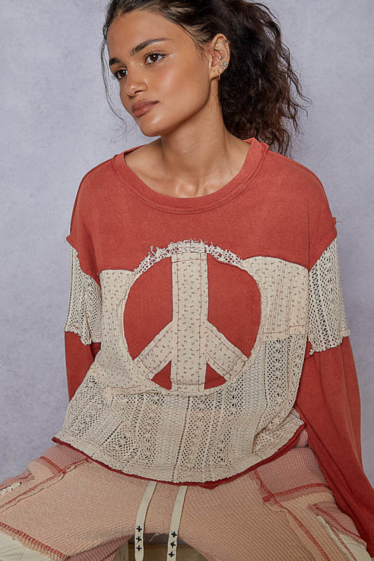 POL Boho Patchwork Lace Long Sleeve Top