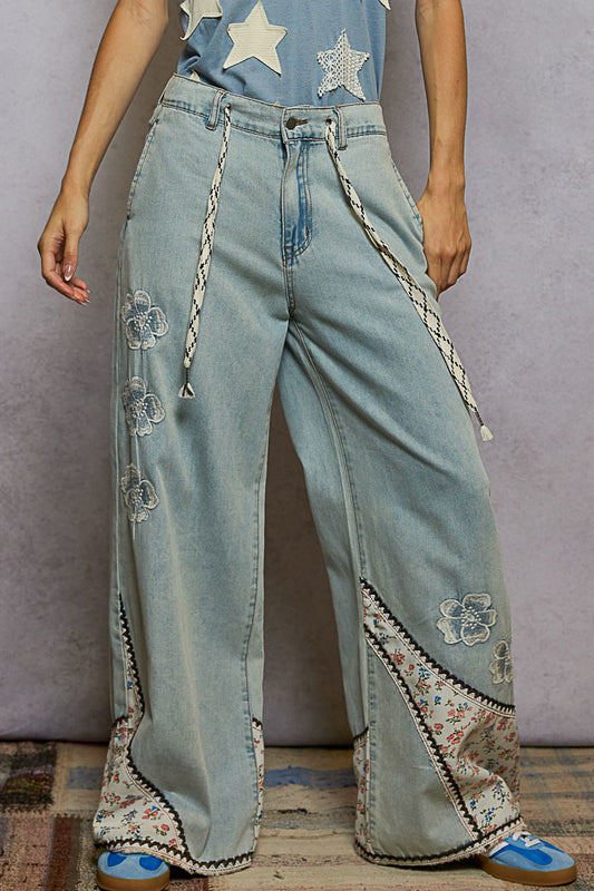 POL Boho Floral Patchwork Wide-Leg Denim Jeans