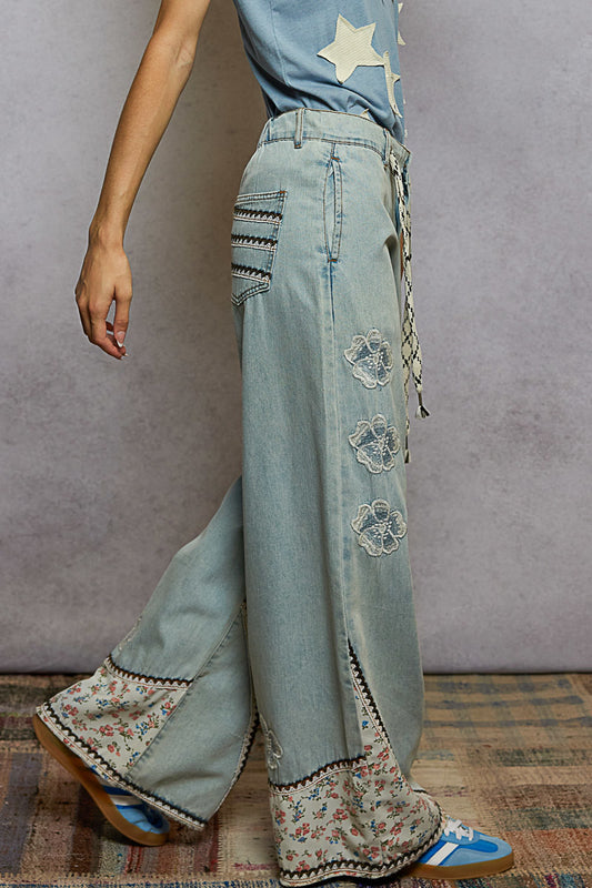 POL Boho Floral Patchwork Wide-Leg Denim Jeans