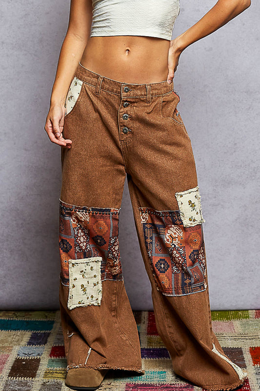 POL Boho Patchwork Straight-Leg Denim Jeans – Caramel