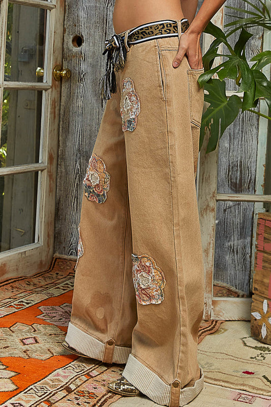 POL Boho Patchwork Wide-Leg Pants – Sand