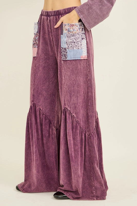 J.HER Mineral Wash Boho Patchwork Pocket Flare Pants – Ultra Soft Wide Leg Bottoms