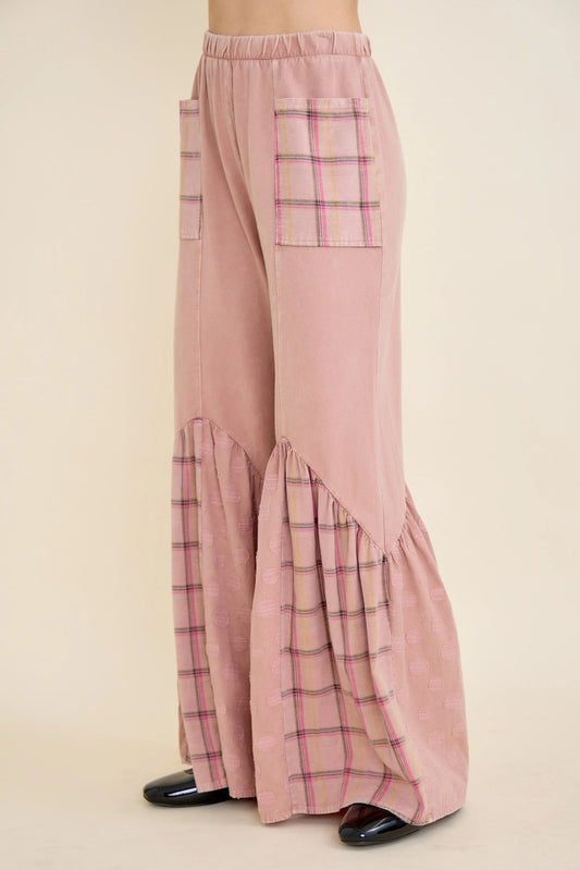 J.HER Mineral Wash Boho Pattern Patchwork Pants – Wide Leg Tiered Boho Bottoms