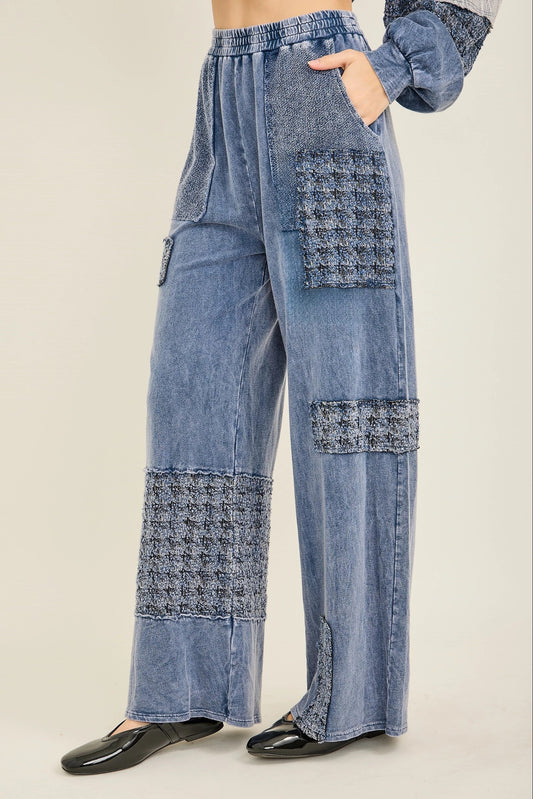 J.HER Mineral Wash Tweed Block Patch Wide Leg Pants