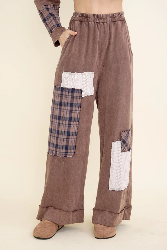 J.HER Mineral Wash Plaid & Sweater Patchwork Boho Pants