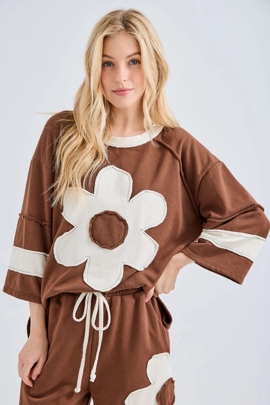 J.HER Mineral Wash Flower Patch ¾ Sleeve Top