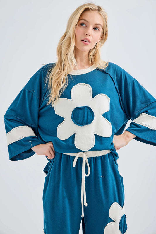 J.HER Mineral Wash Flower Patch ¾ Sleeve Top