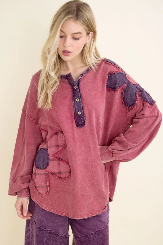Mineral-Wash Boho Flannel Daisy Henley Top (J.HER)