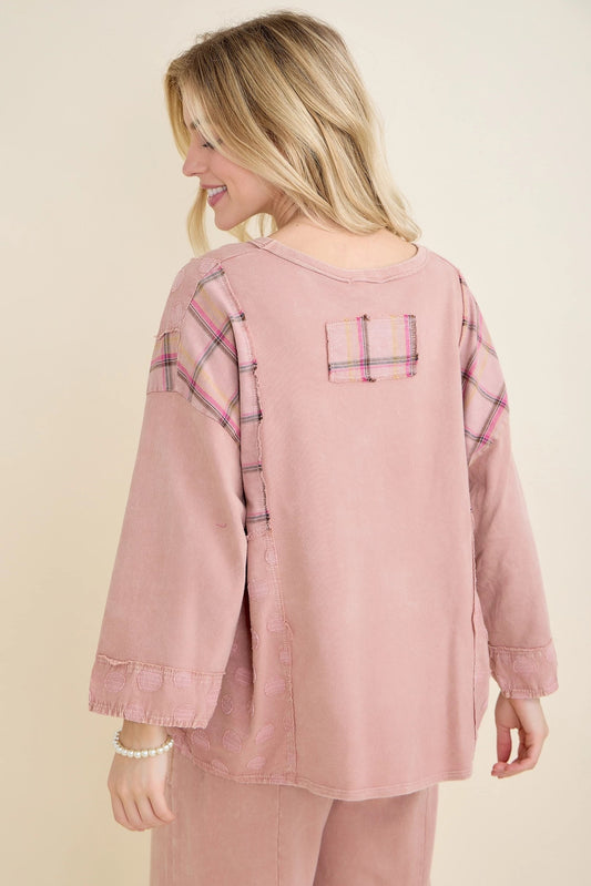 Mineral Wash Patchwork Boho V-Neck Blouse (J.HER)