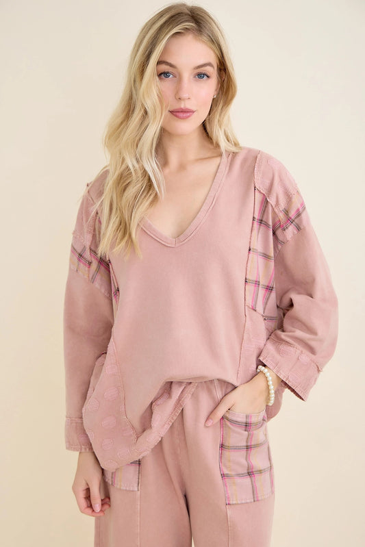 Mineral Wash Patchwork Boho V-Neck Blouse (J.HER)