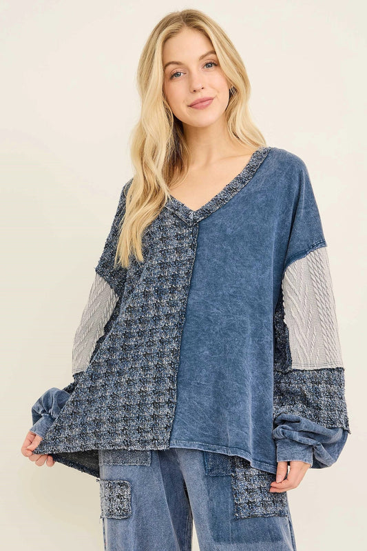 J.HER Mineral Wash Tweed & Sweater Patch V-Neck Top