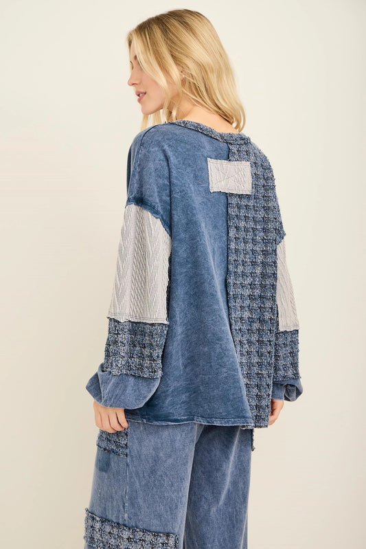 J.HER Mineral Wash Tweed & Sweater Patch V-Neck Top