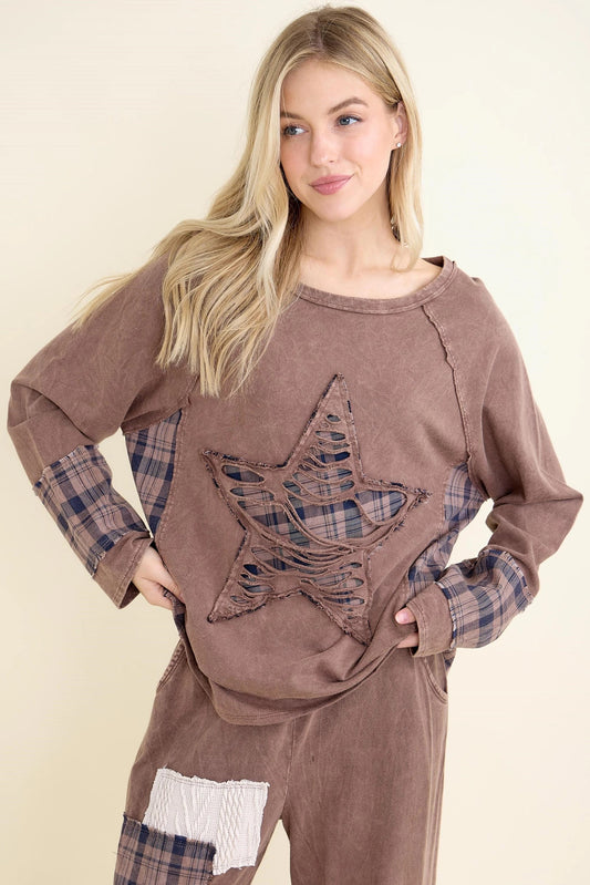 J.HER Mineral Wash Distressed Star Plaid Patch Top