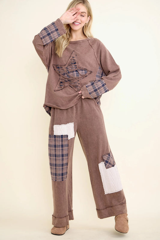 J.HER Mineral Wash Distressed Star Plaid Patch Top