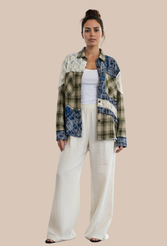 Mineral Washed Boho Oversized Patchwork Shirt with Lace (POL)