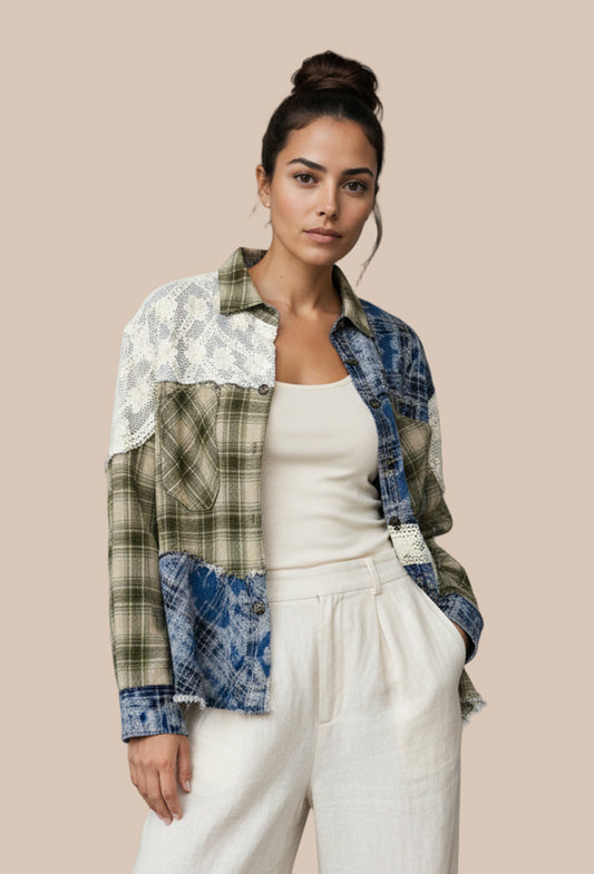 Mineral Washed Boho Oversized Patchwork Shirt with Lace (POL)
