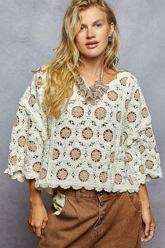 POL Boho Oversized Crochet Top – Cream Latte