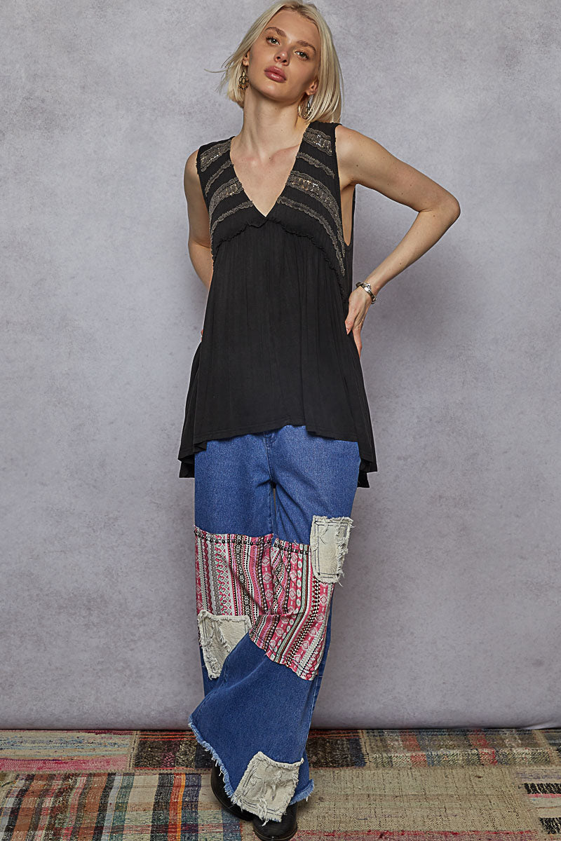 POL Boho Lace Trim Babydoll Tank Top