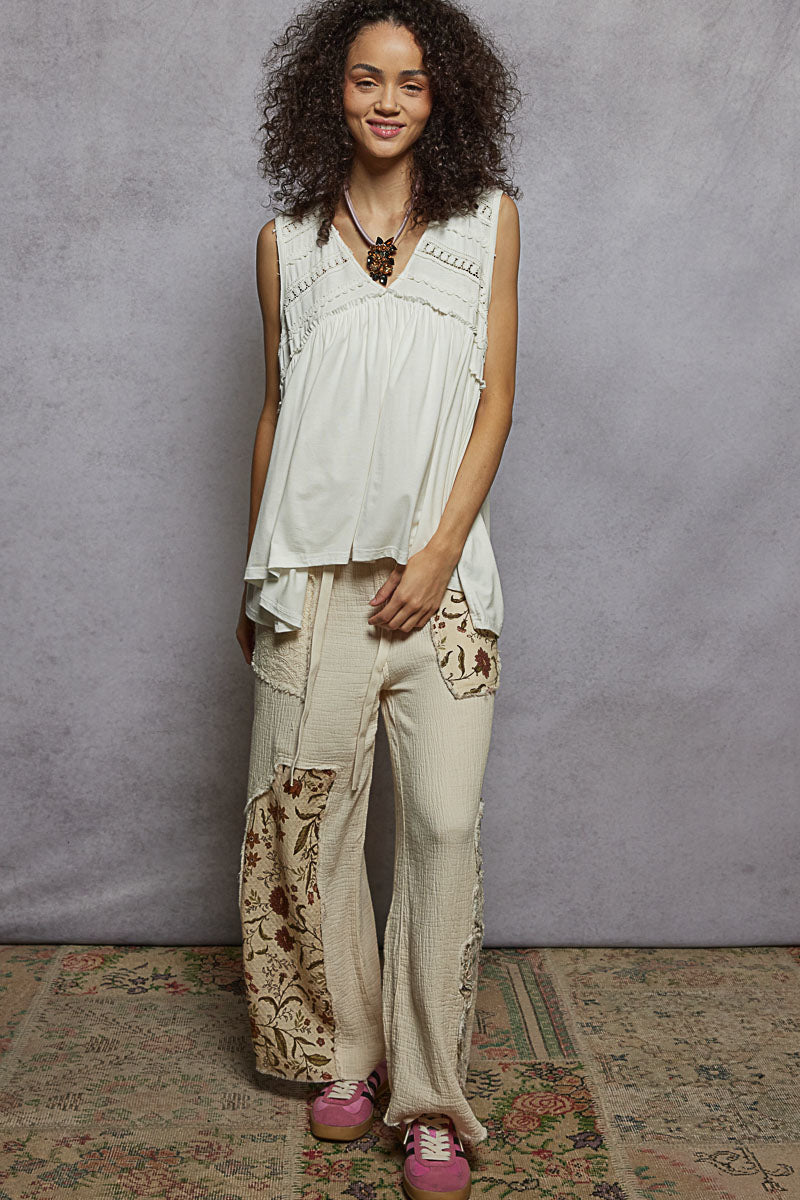 POL Boho Lace Trim Babydoll Tank Top