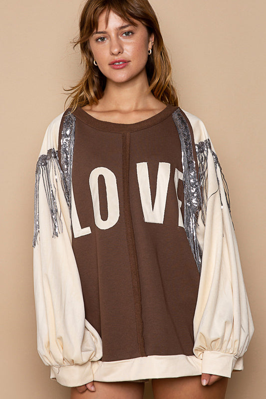 POL Boho Sequin Fringe LOVE Balloon Sleeve Top