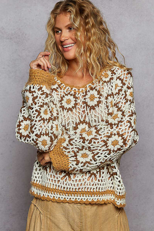 POL Boho Granny Floral Pattern Balloon Sleeve Sweater