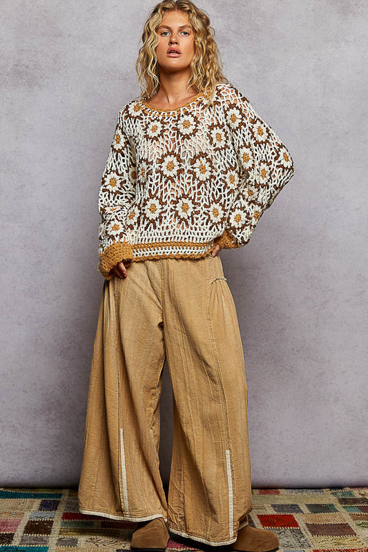 POL Boho Granny Floral Pattern Balloon Sleeve Sweater