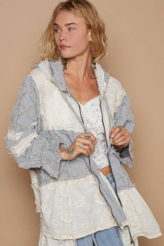 POL Boho Patchwork Lace & Denim Zip-Up Hoodie