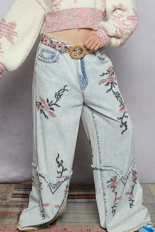 POL Boho Embroidered Wide-Leg Denim Jeans