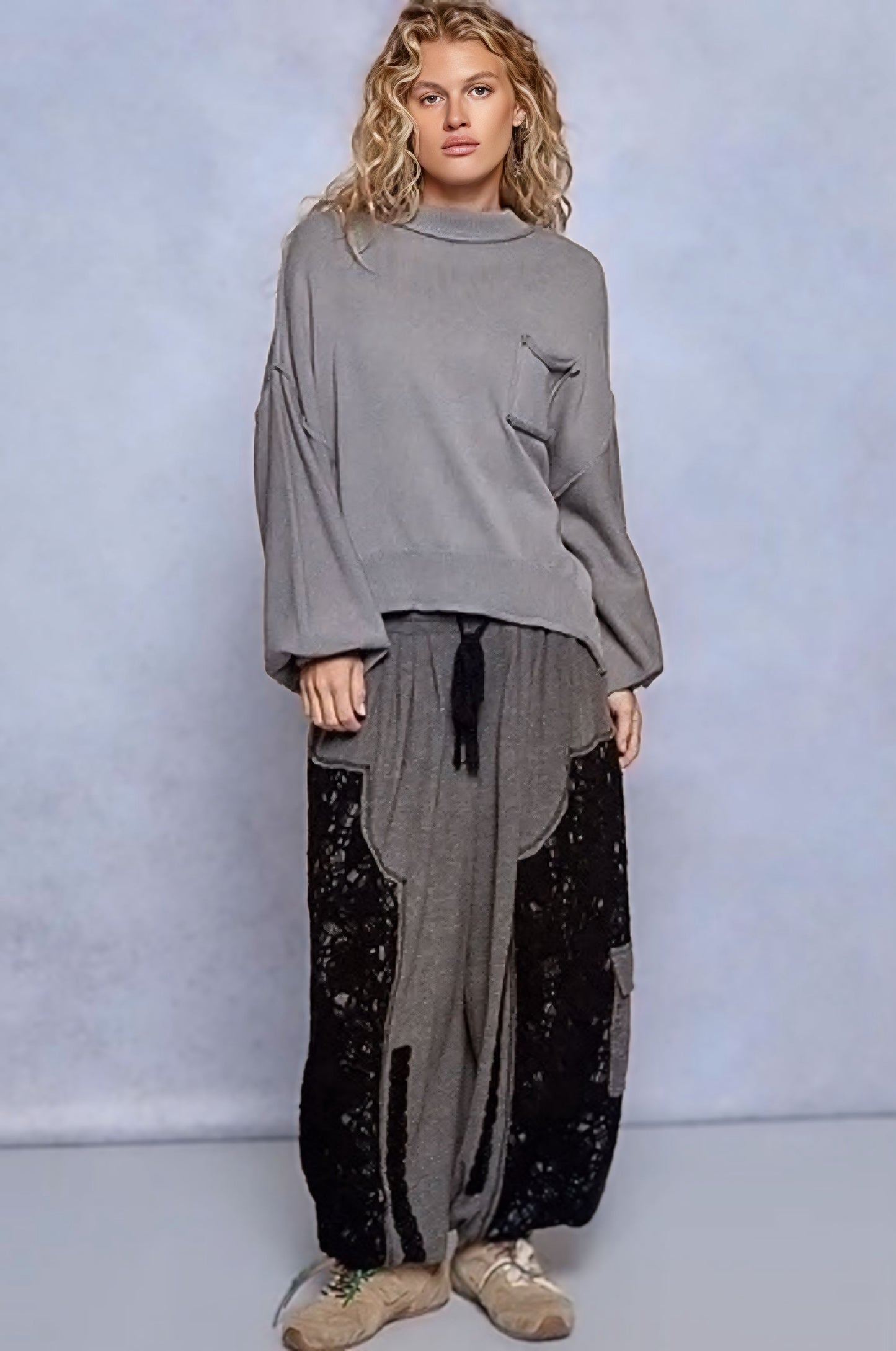 POL Boho Balloon Sleeve Pullover Sweater