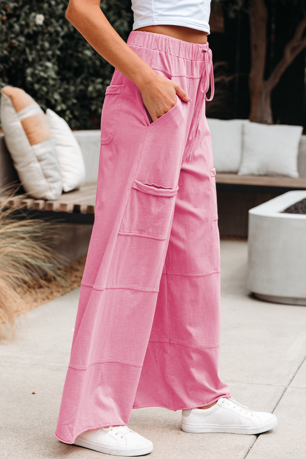 Bonbon Mineral Wash Exposed Seam Drawstring High Waist Wide Leg Cargo Pants