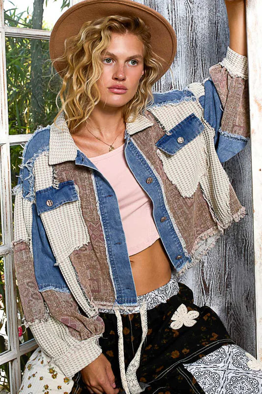 Boho Patchwork Cropped Denim Jacket