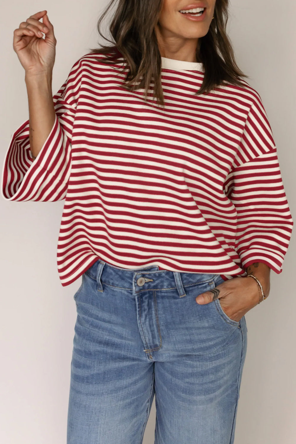 Red Stripe Bowknot Cutout Back Drop Shoulder Wide Bracelet Sleeve Loose Tee
