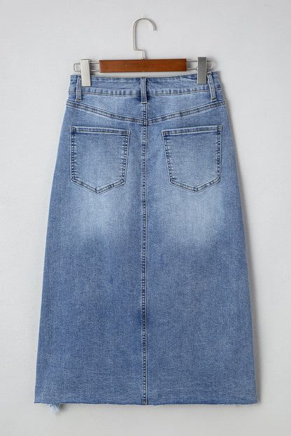 Myosotis Irregular Distressed Bottom Denim Midi Skirt