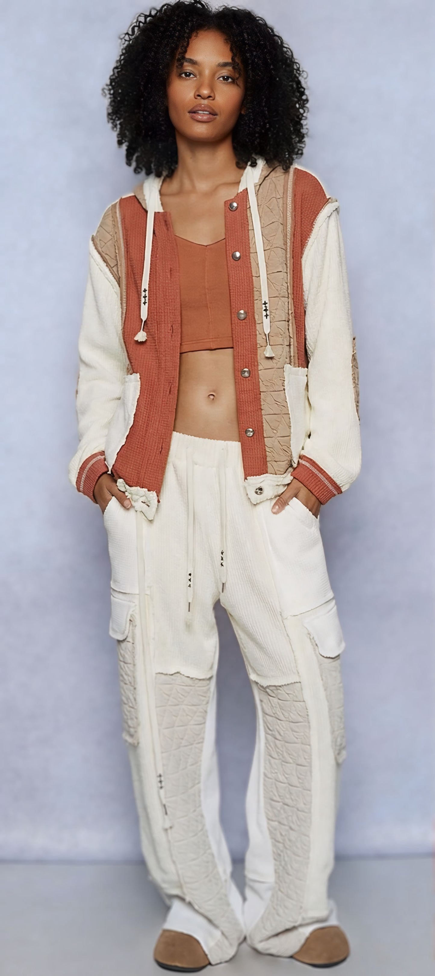 POL Boho Cozy Contrast Quilted Hoodie Jacket