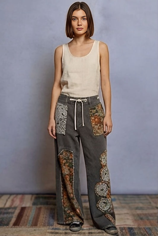 POL Boho Floral & Lace Patchwork Denim Jeans