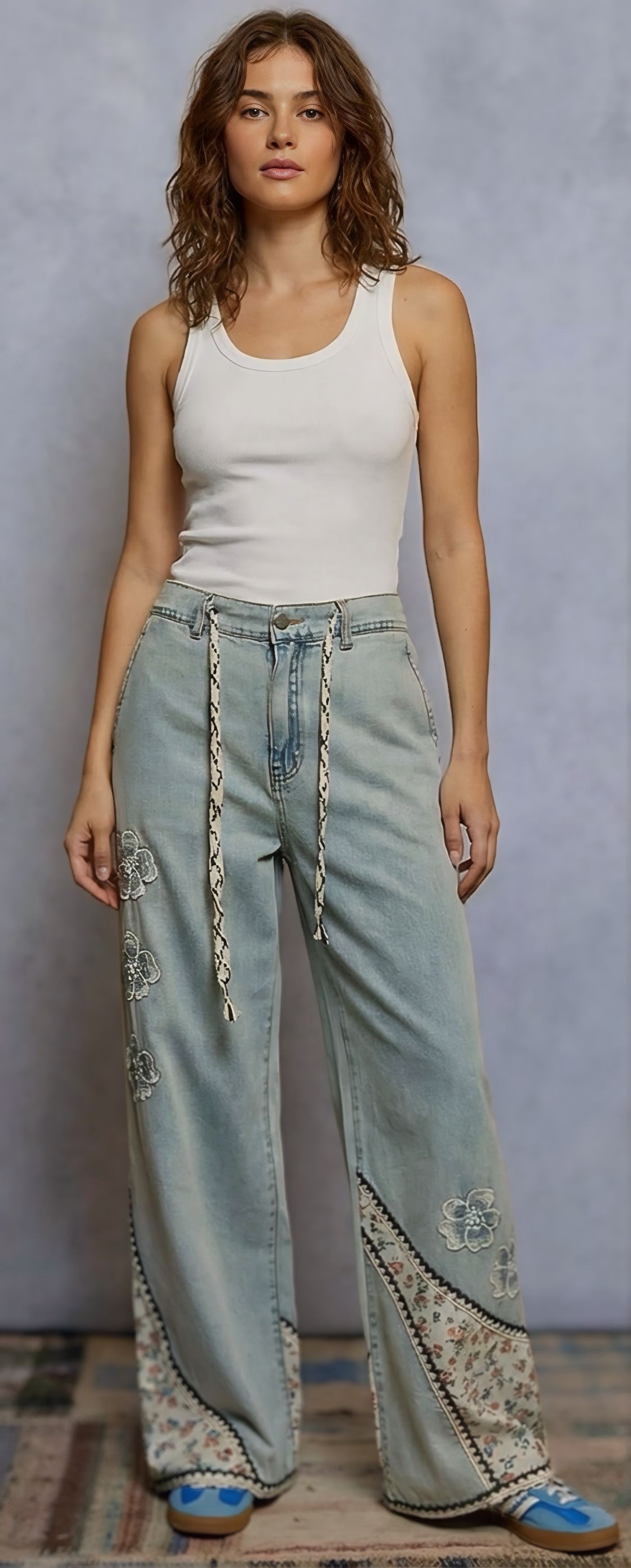 POL Boho Floral Patchwork Wide-Leg Denim Jeans
