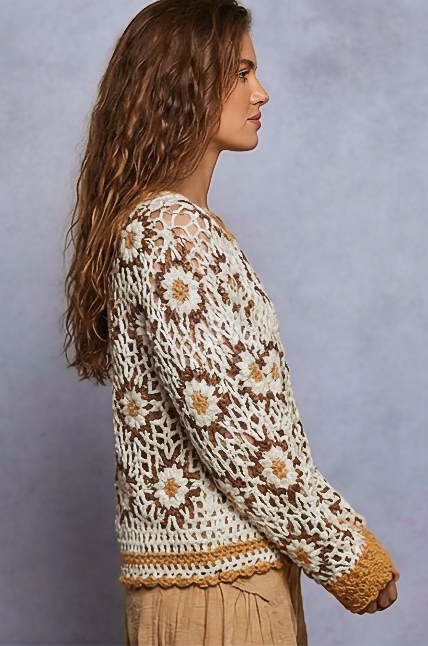 POL Boho Granny Floral Pattern Balloon Sleeve Sweater